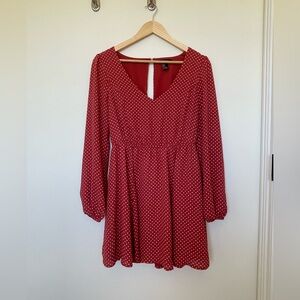 Forever 21 Red Polka Dot Long-Sleeve V-Neck Mini Dress